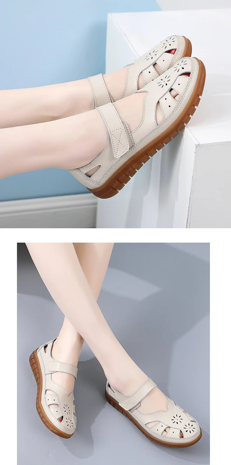 Sandals Summer Breathable Leather Slippers Women Fashion Non-Slip Casual Roman Shoes Ladies Sandals on Sale Off White Shose