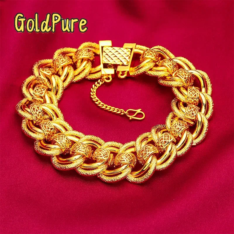 Goldpure 9999 24K Real Gold 20mm Men's Bracelet Watch Chain Wide Edge Classic Fashion Domineering Gift for Father Dad Braceletsg
