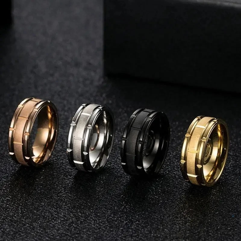 Fashion Men 8mm Rose Gold Color Stainless Steel Rings Double Groove Pattern Promise Rings For Men Wedding Jewelry Accessories