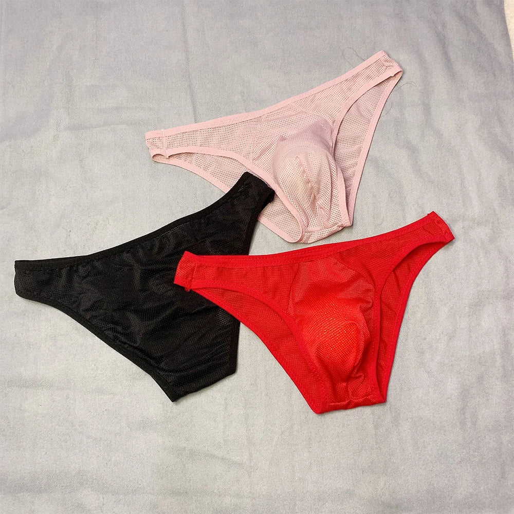Men Sexy Briefs Sheer Mesh Underwear Low Waist See Through Pouch Underpants Cotton Breathable Solid Color Seamless Men's Panties