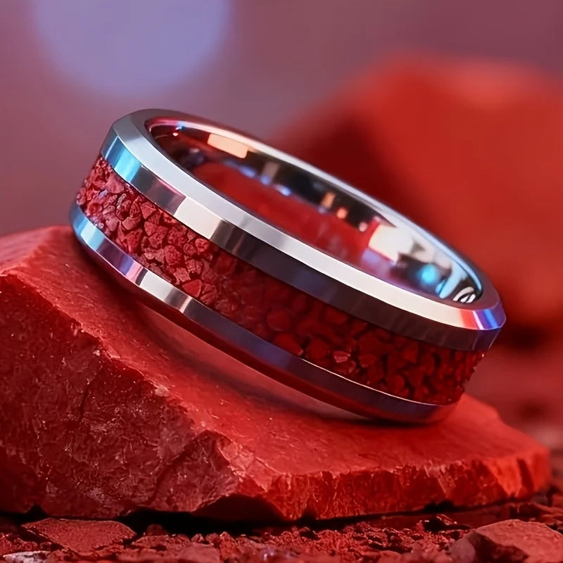 8mm Red Galaxy Nebula Crushed Stone Stainless Steel Ring Promise Wedding Ring for Men & Women, Comfort Fit, Wedding Band Jewelry