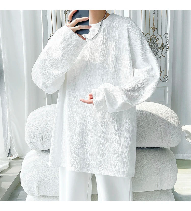 Men's High Street Long Sleeve T-Shirt - Trendy Casual Top Loose Fit Comfortable Wear, Modern Minimalist Style, Everyday Essentia