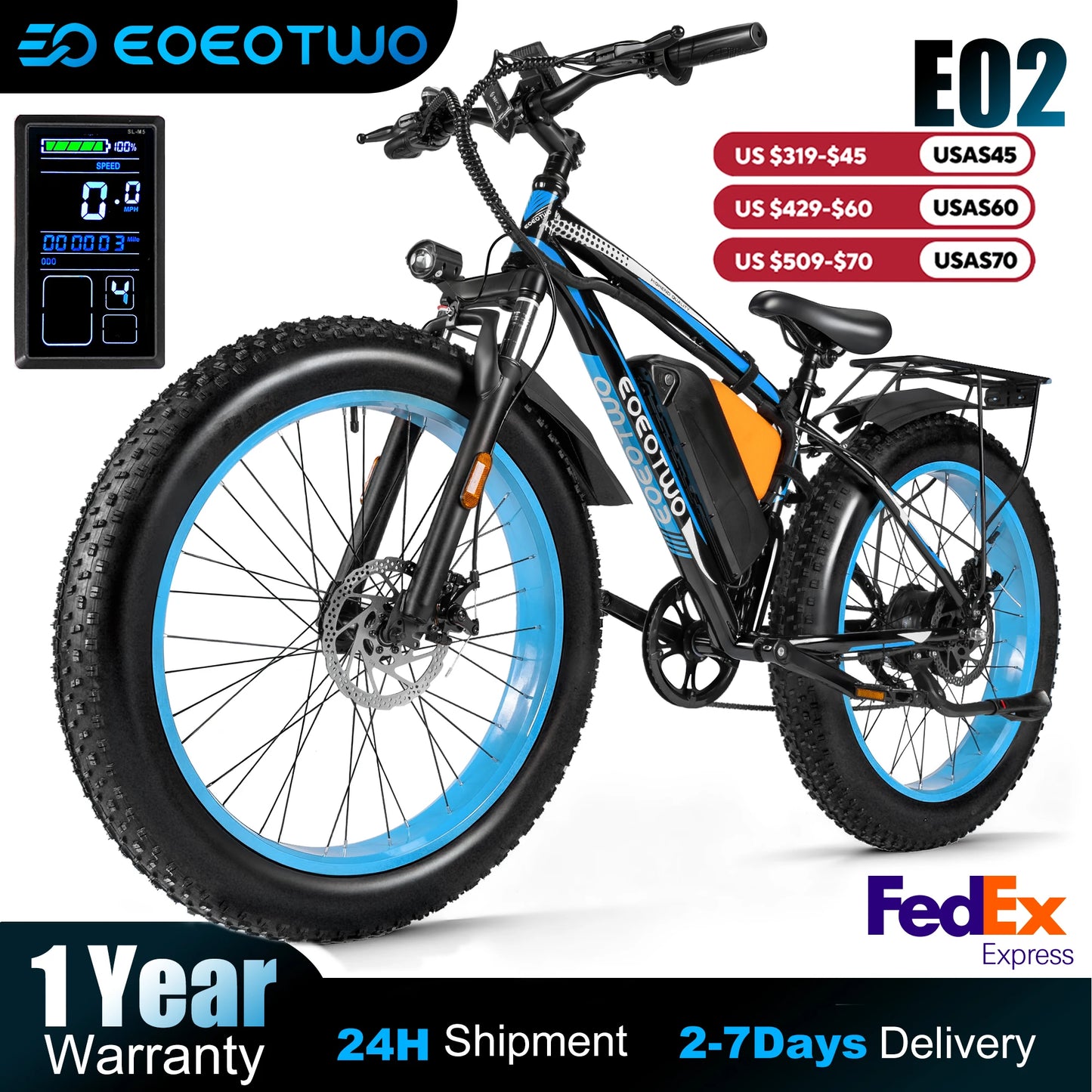 EOEOTWO 1500W Peak Electric Mountain Bike for Adults, 48V20Ah Battery, 30MPH Top Speed, 26" Fat Tire E-Bike with NFC, US Stock