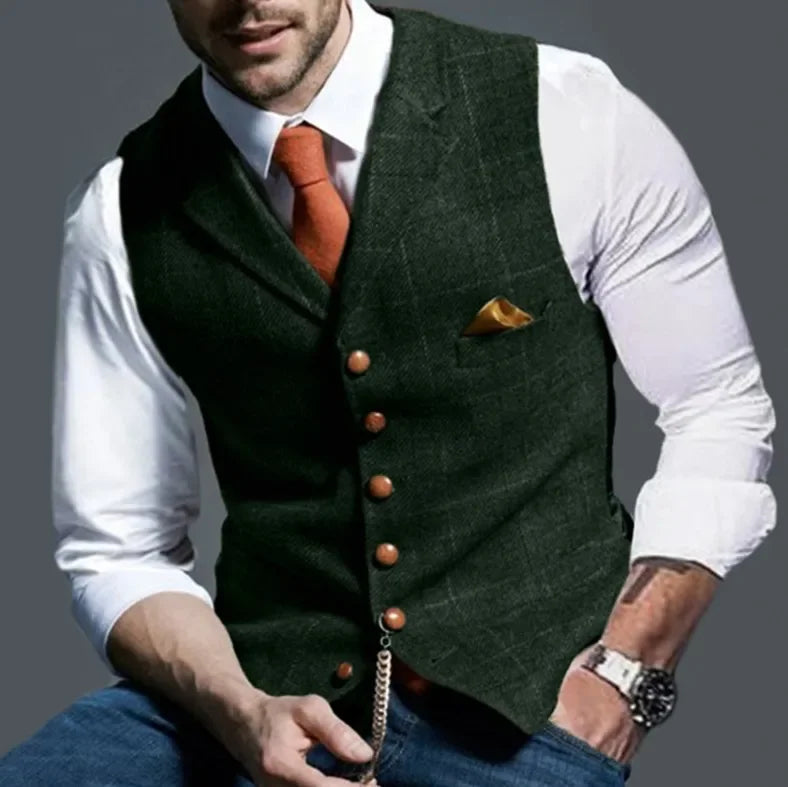 Men's Casual Classic Suit Vest Retro Herringbone Lapel Cotton Blended Tweed Slim Business Commuter Suit Lined Vest S-3XL