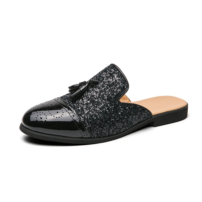 2024 New Luxury Designer Men's Casual Bling Leather Loafers Italian for Men Half Shoes Mules Male Black Slides Business Slippers
