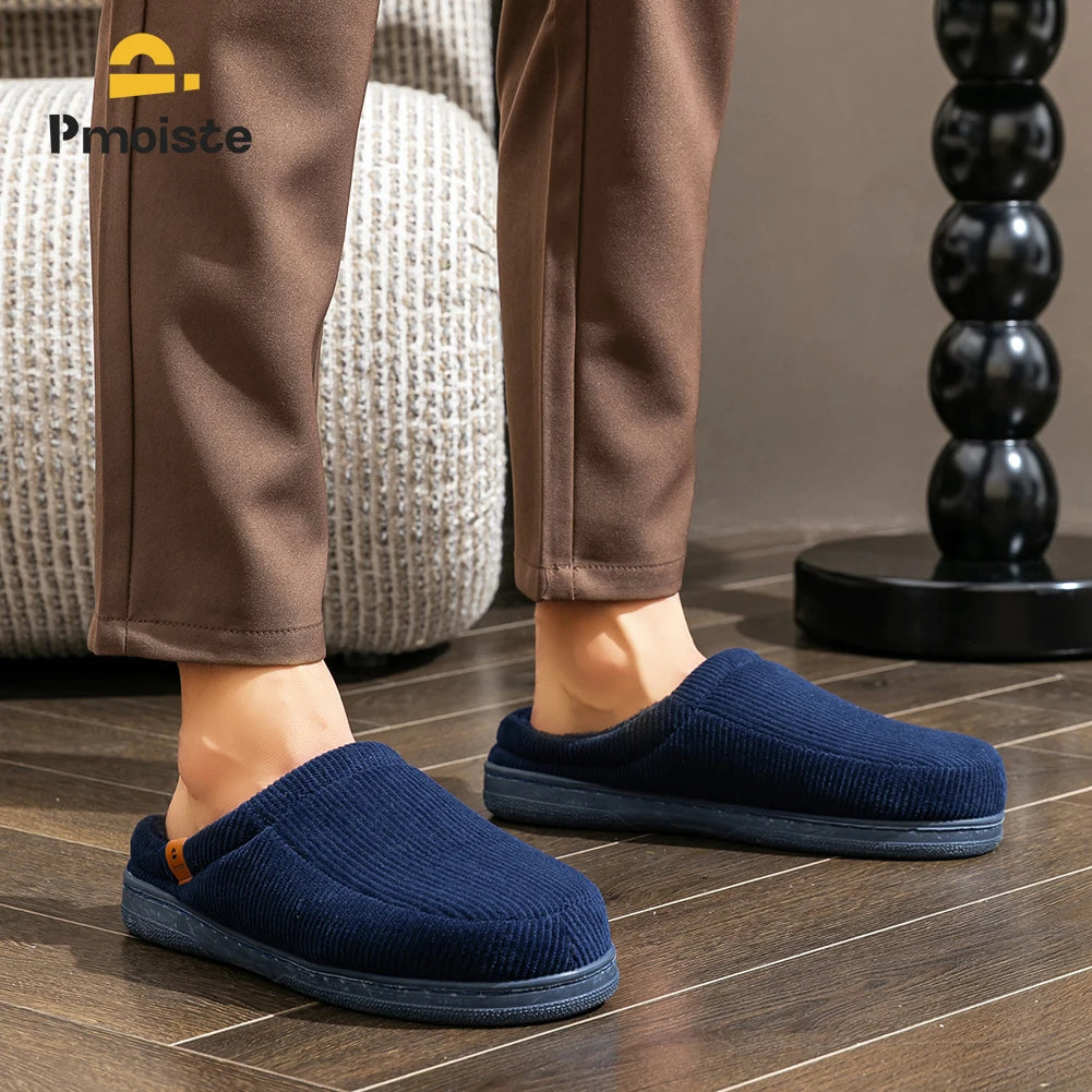 Warm Slippers for Men TPR Sole Memory Foam Soft Cushion Non Slip Stripe Design Comfortable Corduroy House Shoes