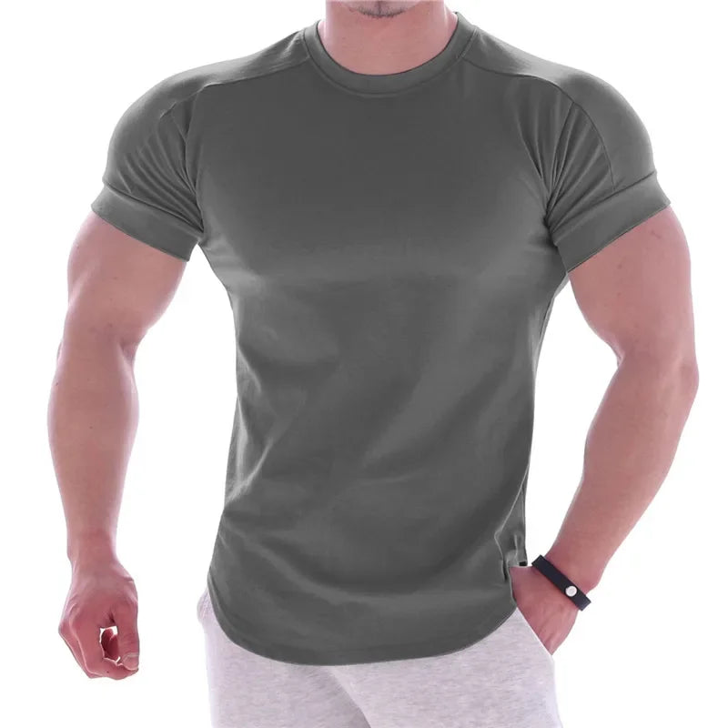NEW Men Summer T Shirts High Elastic Slim Fit T shirt Men Quick-drying Curved Hem Mens T-Shirts Fitness casual Solid Color tops
