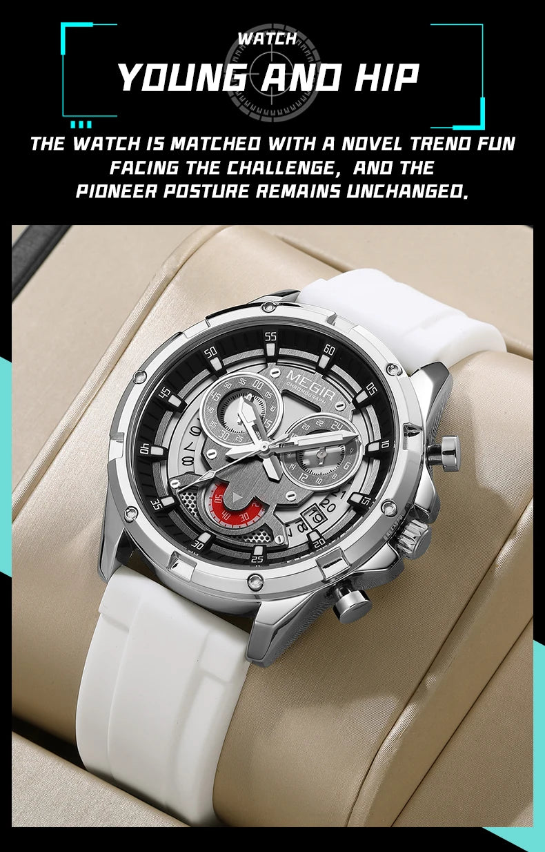 MEGIR New Sport Watches for Men Fashion Chronograph Quartz Wristwatch with Silicone Strap Luminous Hands Calendar Waterproof
