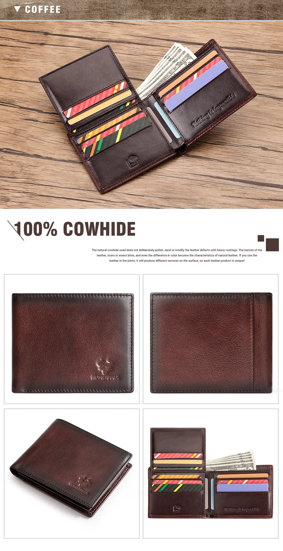 Handmade Wallet for Men Genuine Leather Credit Card Holder Purse with ID Window Short Male High Quality Cartera