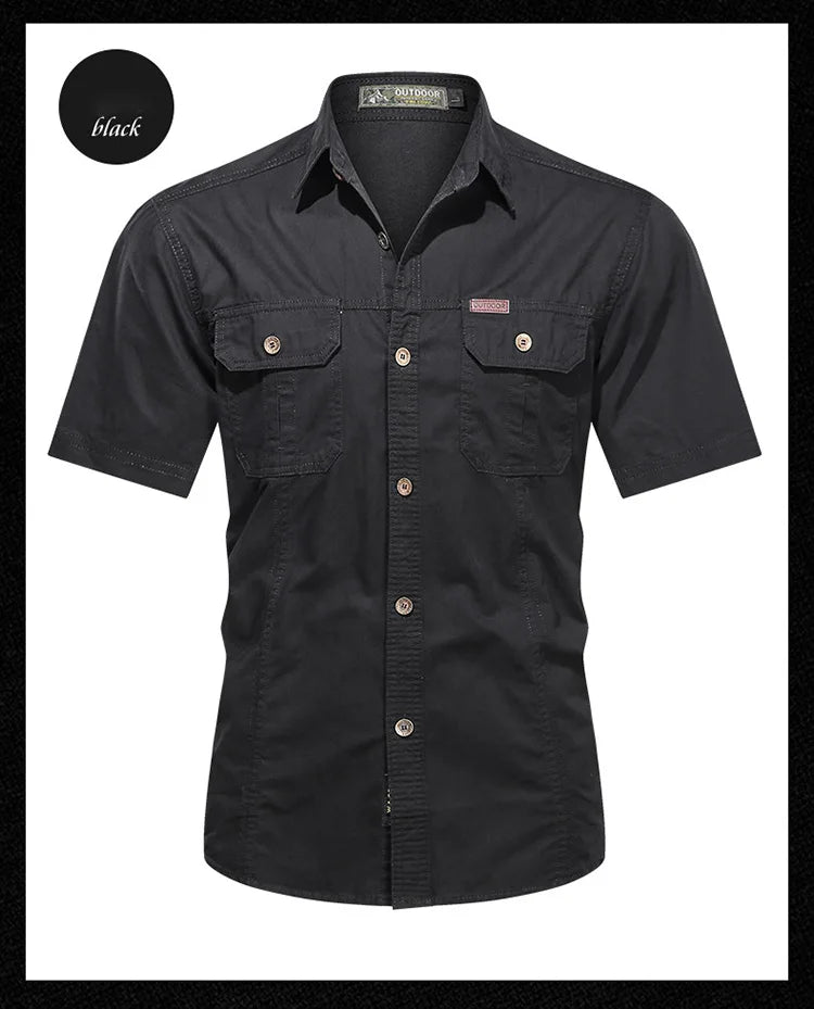 Summer men's thin short sleeved shirts, men's outdoor work clothes, multi bag half sleeved tops, pure cotton washed shirts