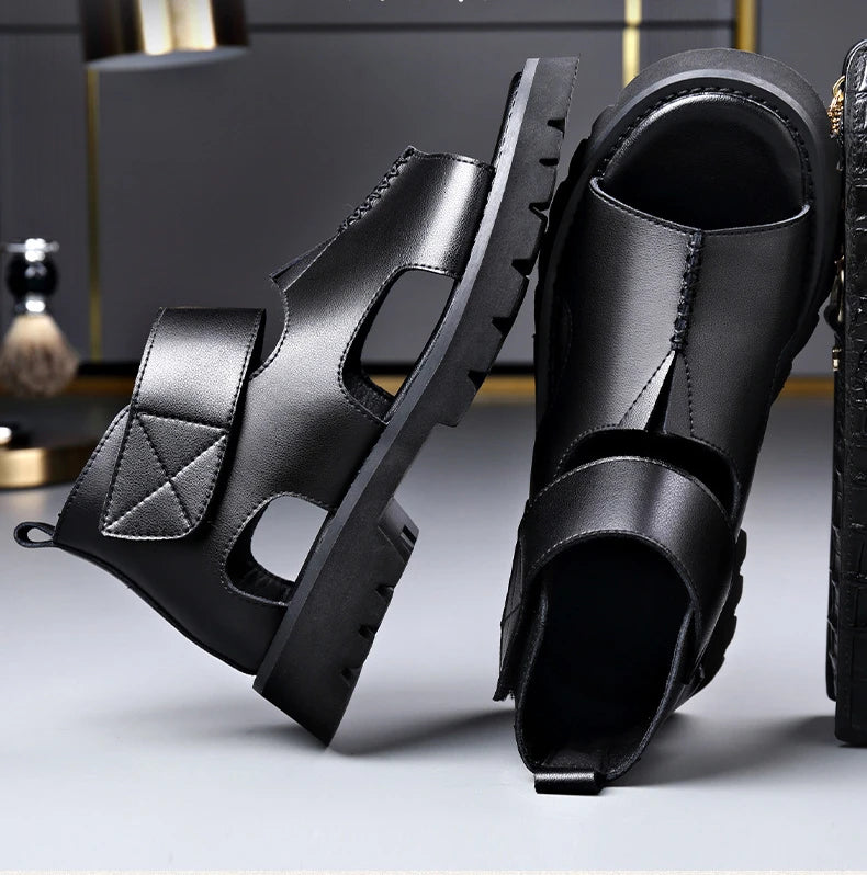 Cow Leather Sandals for Men 2025 Summer New Designer Big Size Increase Roman Beach Shoes Male Fashion Casual Black Sandals Man