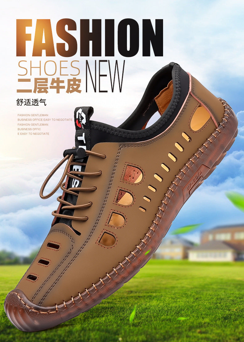Men's Soft Leather 2024 Summer Men Leather Sandals Breathable Non-slip Cow Tendon Sole Casual Leather Shoes Outdoor Beach Shoes