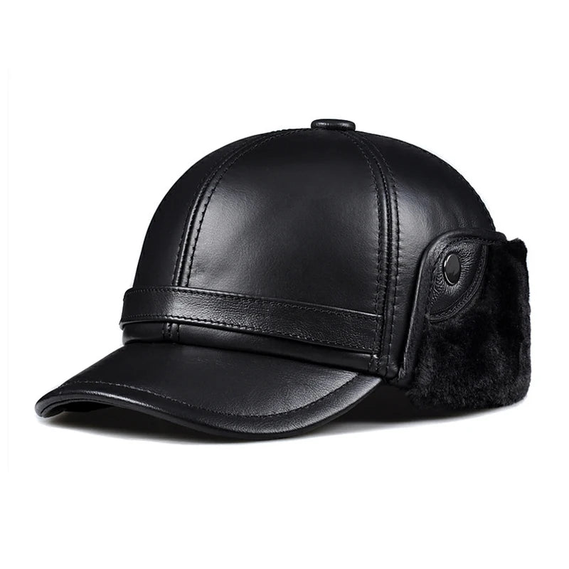 High Quality Genuine Leather Hats Winter First Layer Cowhide Warm Earmuffs Bomber Caps Plus Velvet Thicken Man Bone Caps Dad Hat