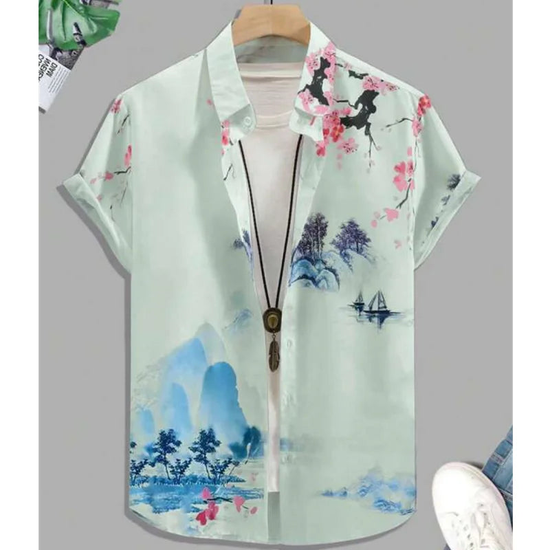 Fashion Shirt for Men 3d Ink Painting Prints Men'S Clothing Daily Casual Short Sleeve Beach Party Sweatshirt Street Hawaii Shirt