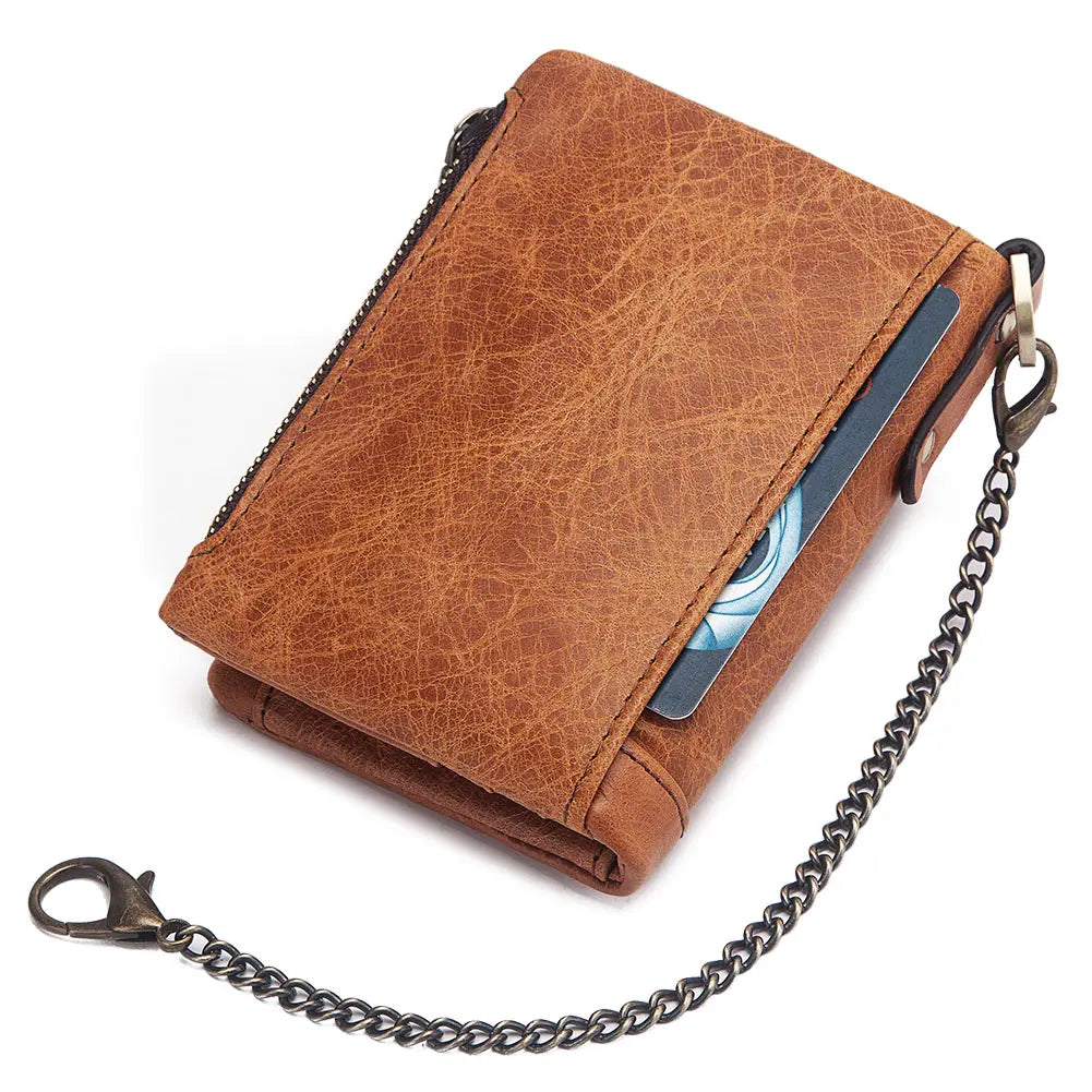 LAREET Fashion Genuine Leather Wallet With Cowhide For Men Money Card Holder Purse RFID Short Double Zipper Coin Pocket Bifold