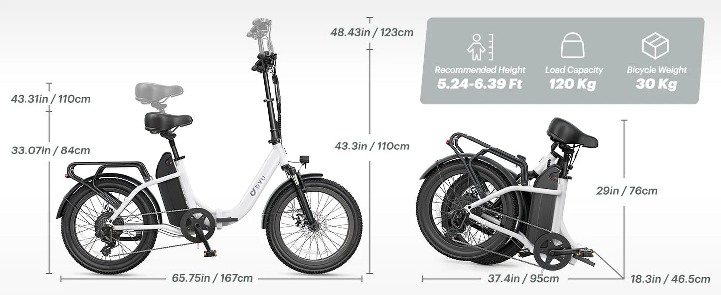 DYU C9 Electric Bicycle Peak 1000W Motor 48V15.6AH Lithium Battery Electric Bike Hydraulic Brake 20*3.0 Inch Fat Tire E-bike