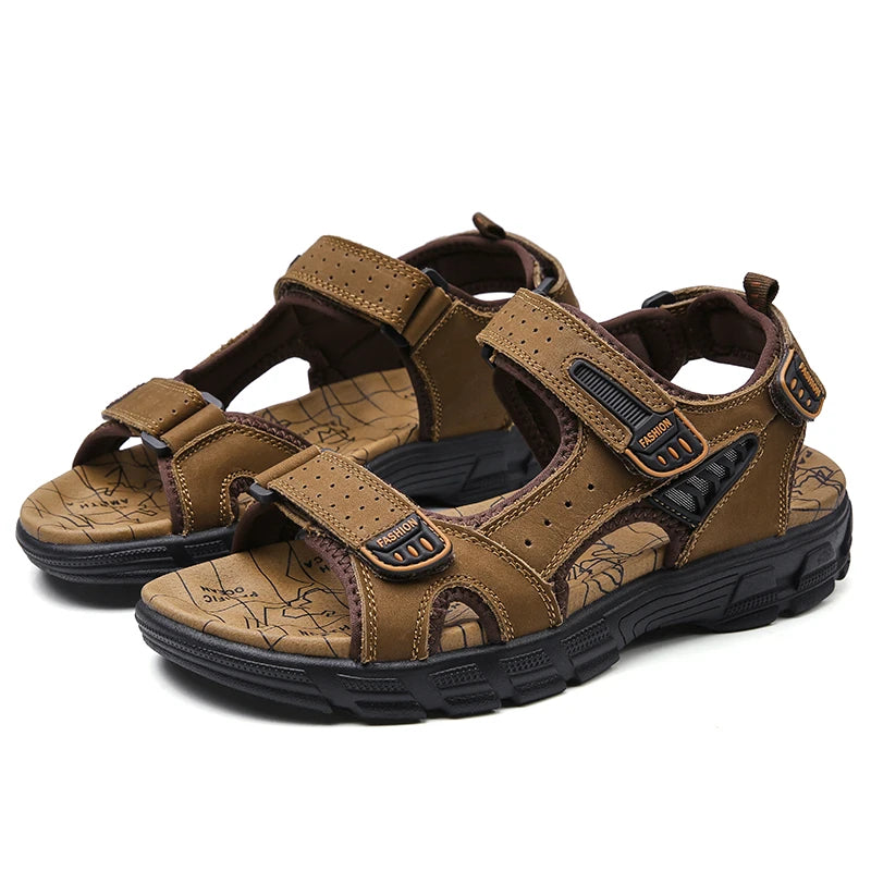 Men's shoes summer plus size shoes hollow soft bottom layer cowhide sandals casual sandals light outdoor beach shoes 38-46
