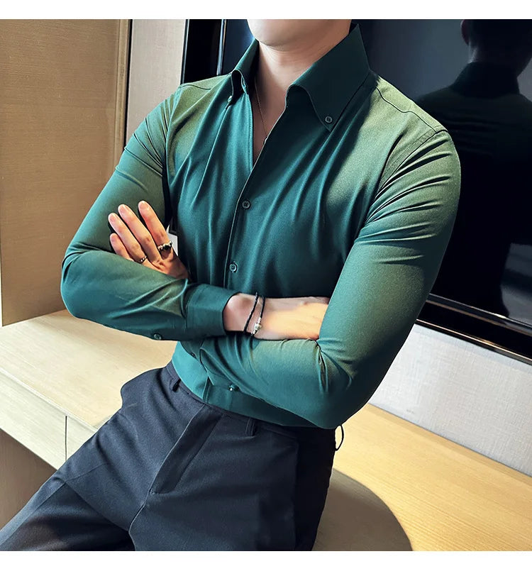 Men Dress Shirt 2025 Autumn British Style Solid Casual Slim Fit Formal Camisas V-neck Long Sleeves Shirt Streetwear Men Clothing