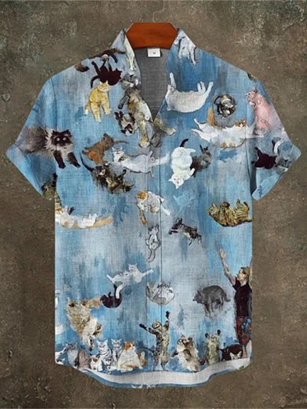 Men's Hawaiian Stand up Collar Printed Linen Shirt Casual Vacation Outdoor Breathable Loose plus Size Top