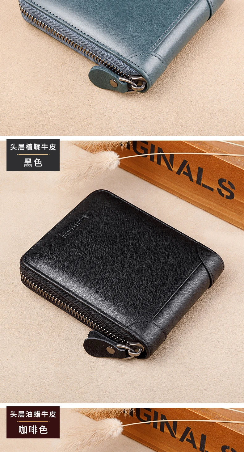 Fashion Genuine Leather Wallet For Men Zipper Complete Closure Wallet Driving License Credit Card Holder Coin Bag Men's Wallet