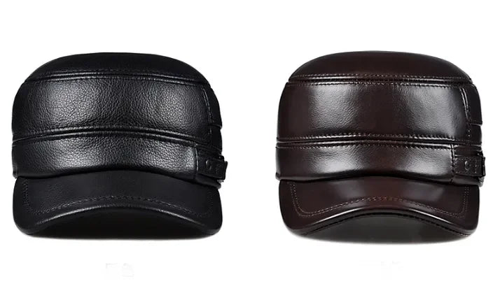 Winter Genuine Leather Cap Men's Flat Caps  Military Hat Elegant Man Baseball Cap British Vintage Cowhide Ear Warm Hat