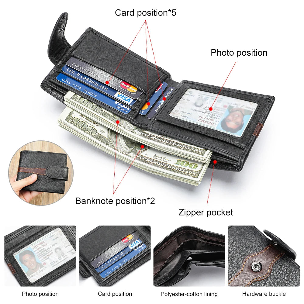 Business Leather Wallet for ID Porte Cartes Card Case Paper Money Photo Ticket Slots Passport Cover Snap Long Short Male Wallet