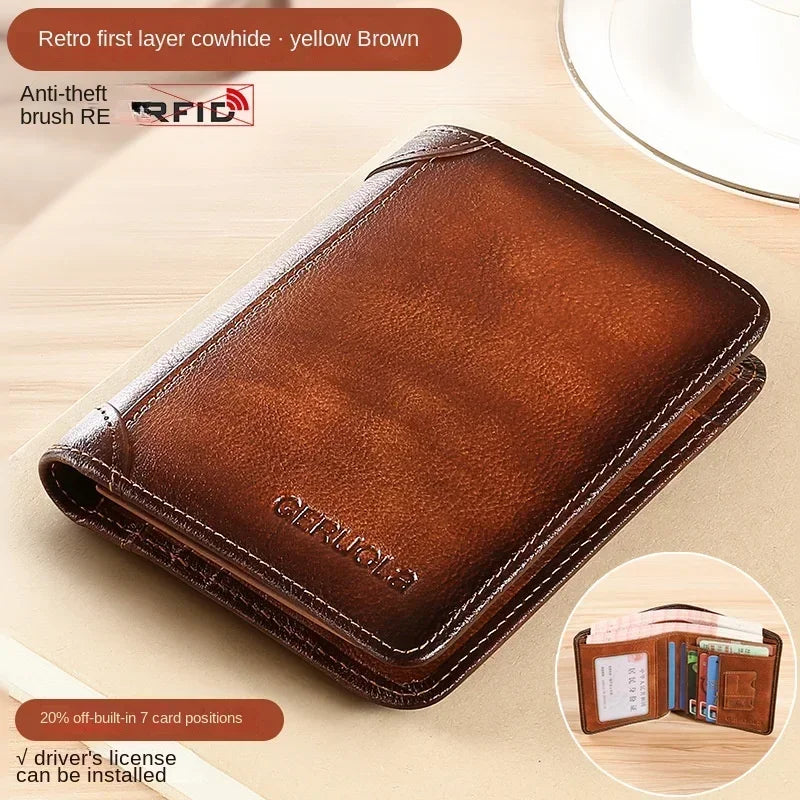 Men Wallet Genuine Leather Rfid Blocking Trifold Wallet Vintage Thin Short Multi Function ID Credit Card Holder Male Purse Money