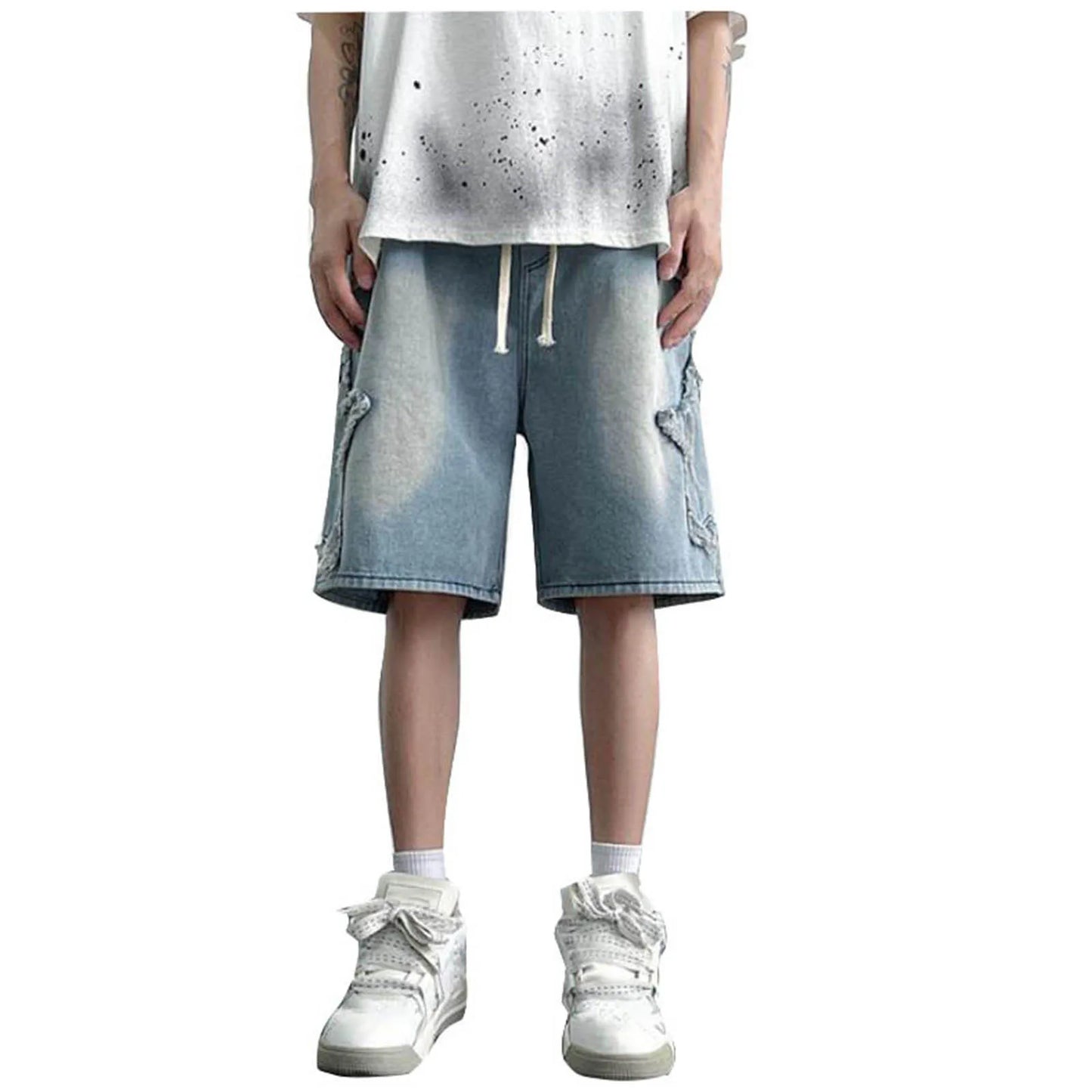Fashion Denim Shorts For Men Summer Comfortable High Waist Drawstring Short Pants Men’s Streetwear Star Loose Casual Shorts