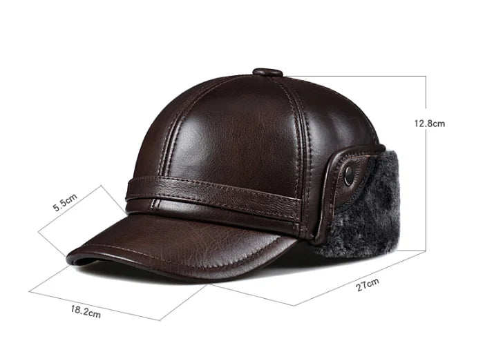 Winter Men's  Hat Thicken Leather Cowhide Baseball Caps With Ears Warm Snapback Dad's Hats Sombrero De Cuero Del Hombre