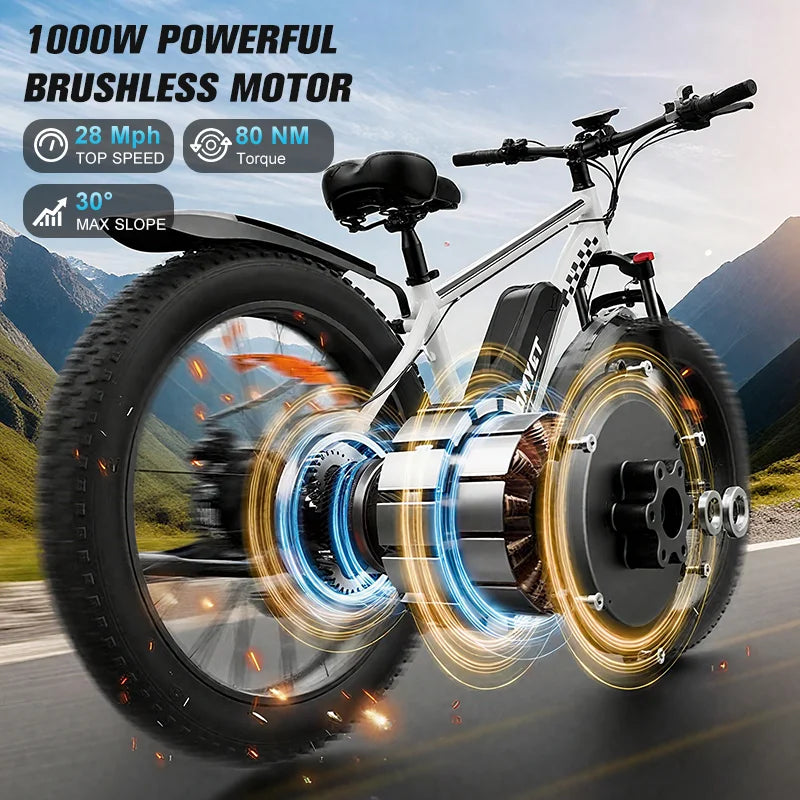 US Stock1000W Electric Bicycle 48V 15AH E Bike 26" Fat Tire Mountain 31mph Black Colour For Adult