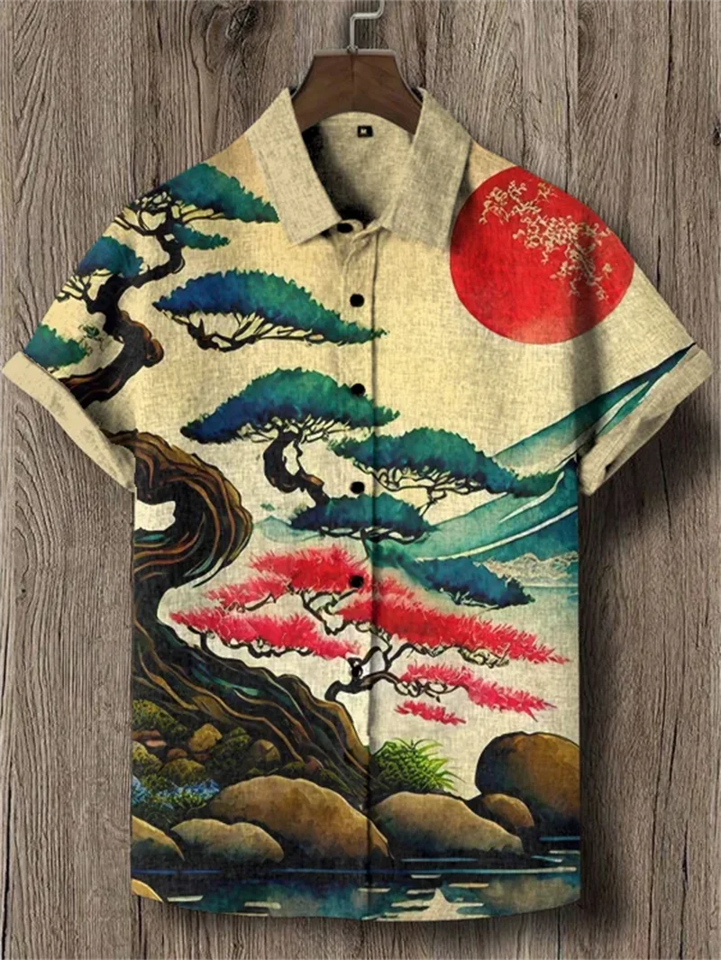 Men's new comfortable linen short sleeved shirt 3D jellyfish print maple leaf pattern button short sleeved top
