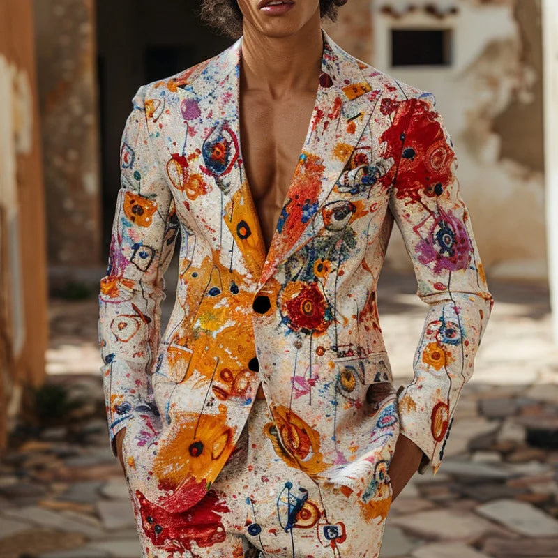 New Design Mens 2 Piece Suit Oilpainting Graffiti Print Coat Top Two Buttons Casual Nightclub Slim Fit Suit No Slit No Tie