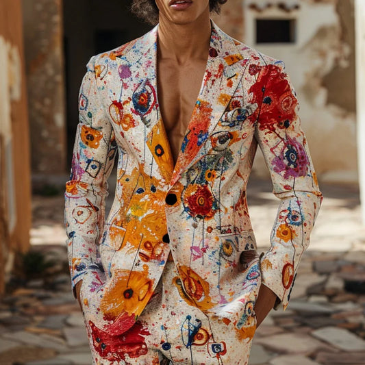 New Design Mens 2 Piece Suit Oilpainting Graffiti Print Coat Top Two Buttons Casual Nightclub Slim Fit Suit No Slit No Tie