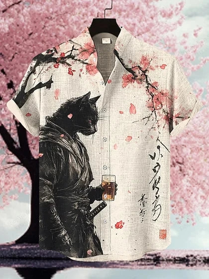Japanese Style Samurai Cat 3d Print Hawaiian Shirt Men Women Fashion Short Sleeve single-breasted Casual Beach Shirts Men blouse