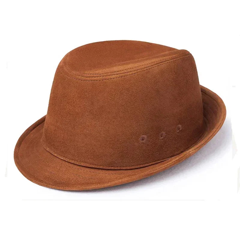 Male High Quality Genuine Leather Formal Hat Jazz Gentleman Goat Skin Suede Short Brim Brown Top Fedoras Embroidery