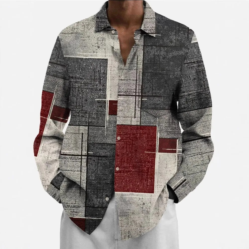 Hawaiian Button Up Shirts Geometric Art Graphics Color Printed Full Sleeve Streetwear Breathable Casual Men Dress Shirt Clothing