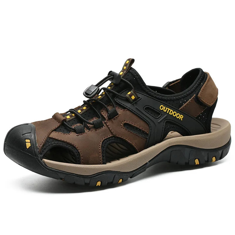 Men's High-quality Leather Sandals - Closed Fisherman Style, Summer Slippers and Hiking Shoes, with Elastic Straps