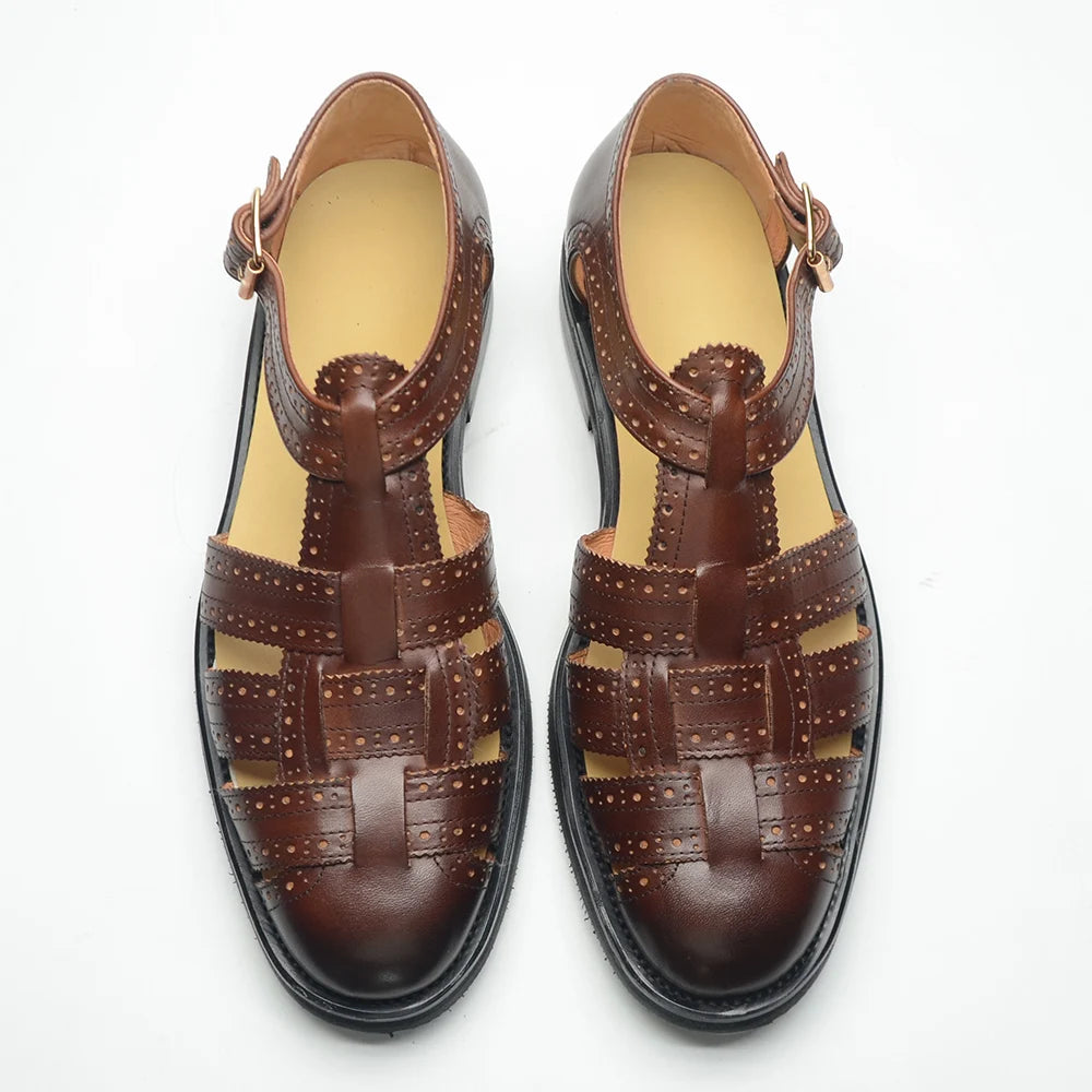 Luxury Designer Men's Summer Sandals Genuine Leather Brogue Carving Man Shoes Formal Events Social Buckle Strap Men Slippers