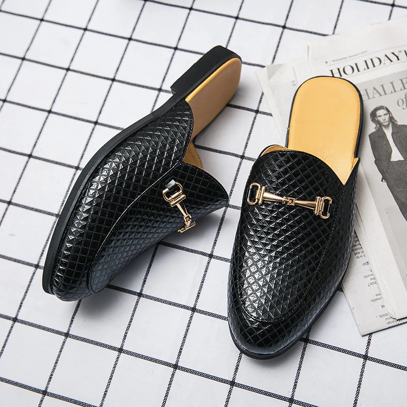 2024 New Luxury Designer Men's Casual Bling Leather Loafers Italian for Men Half Shoes Mules Male Black Slides Business Slippers