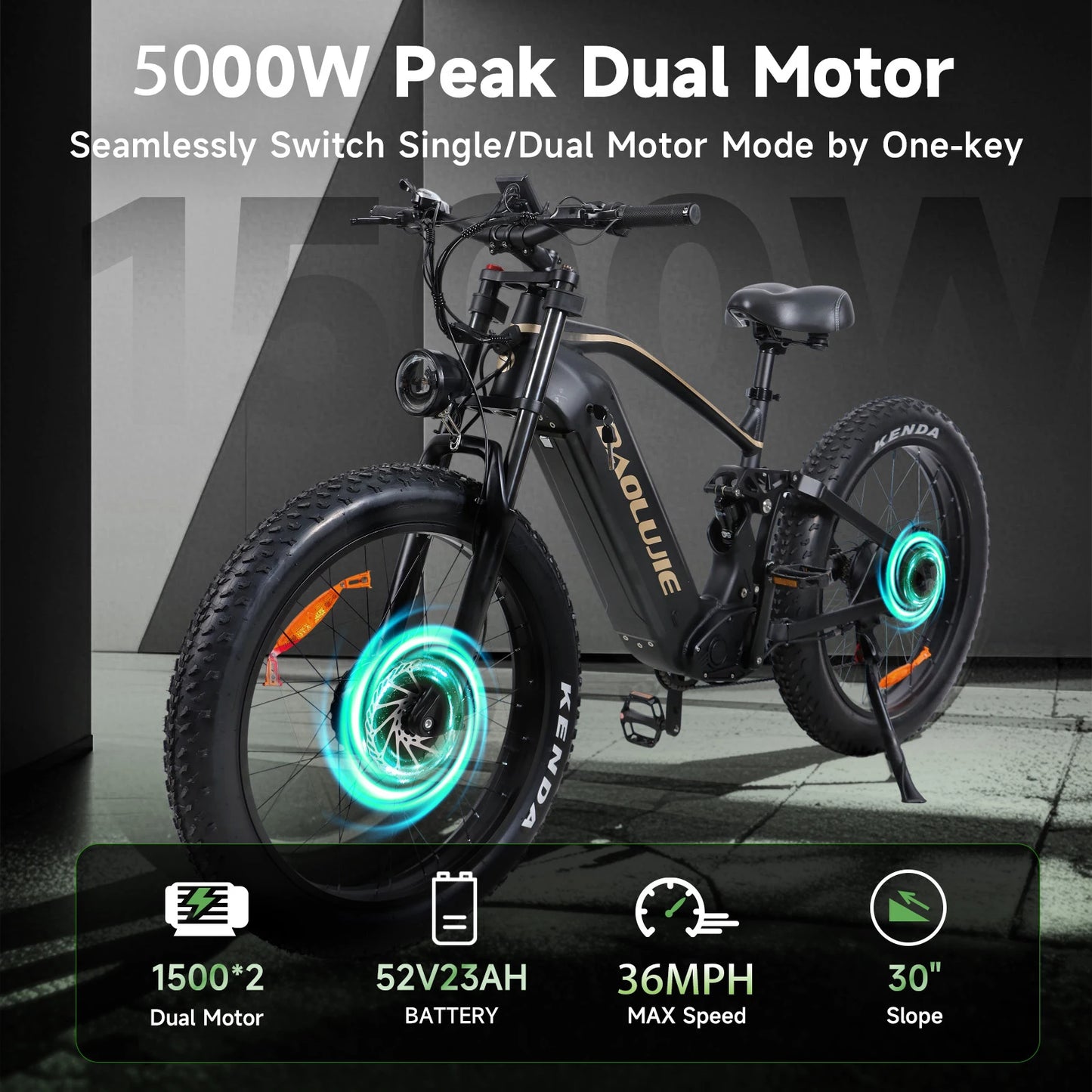 BAOLUJIE P2 Electric Bike for Adults，Long Rang 90 Miles Electric Bicycle，Peak 5000W Dual Motor 52V 23AH E bike，Max Speed 36 MPH