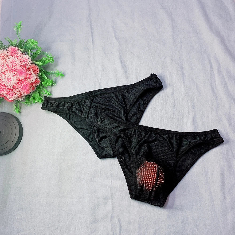 Men Sexy Briefs Sheer Mesh Underwear Low Waist See Through Pouch Underpants Cotton Breathable Solid Color Seamless Men's Panties
