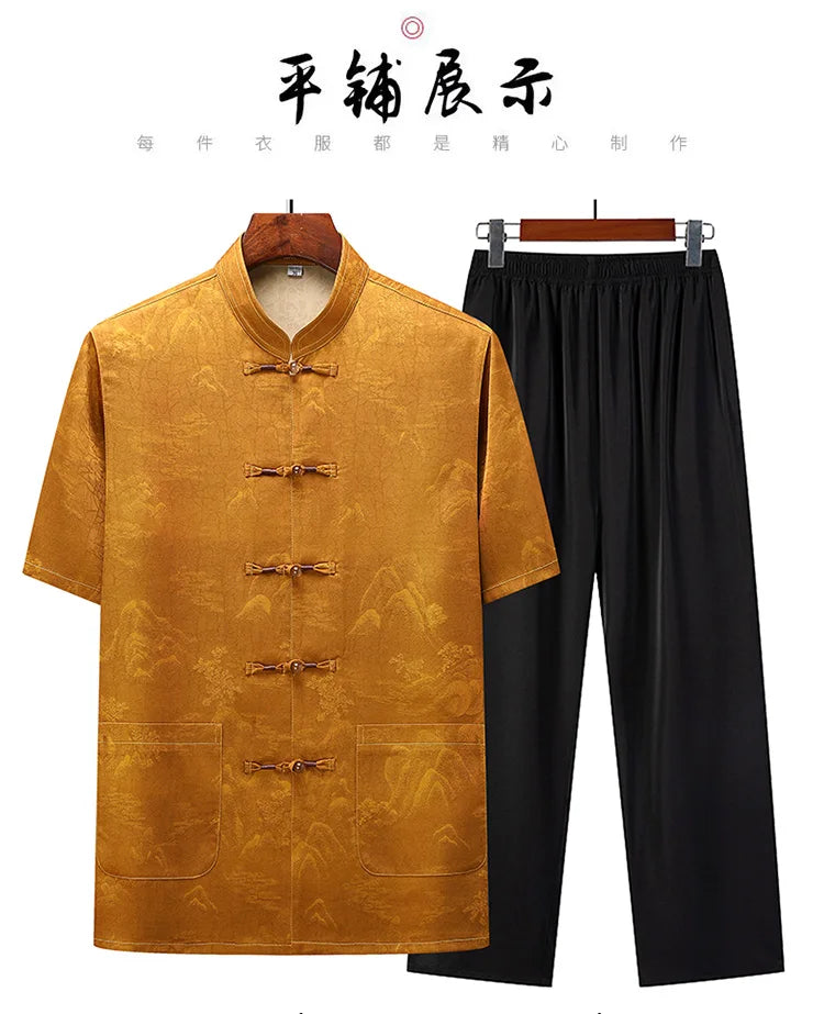 (Shirt + trousers) 2025 summer new fashion men shirt short sleeve shirts mens sets High quality shirts male Two Piece M-4XL