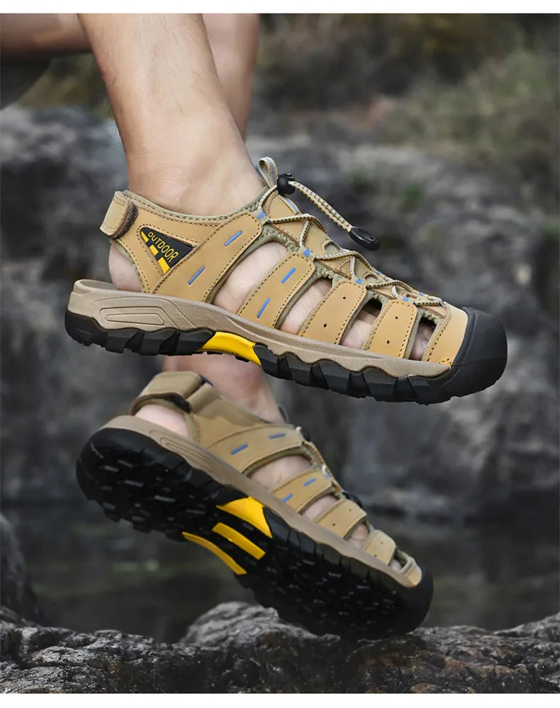 Summer Genuine Leather Men's Sandals Classic Breathable Slip-On Sandals Men Outdoor Casual Beach Sandals Sneakers Plus Size 46
