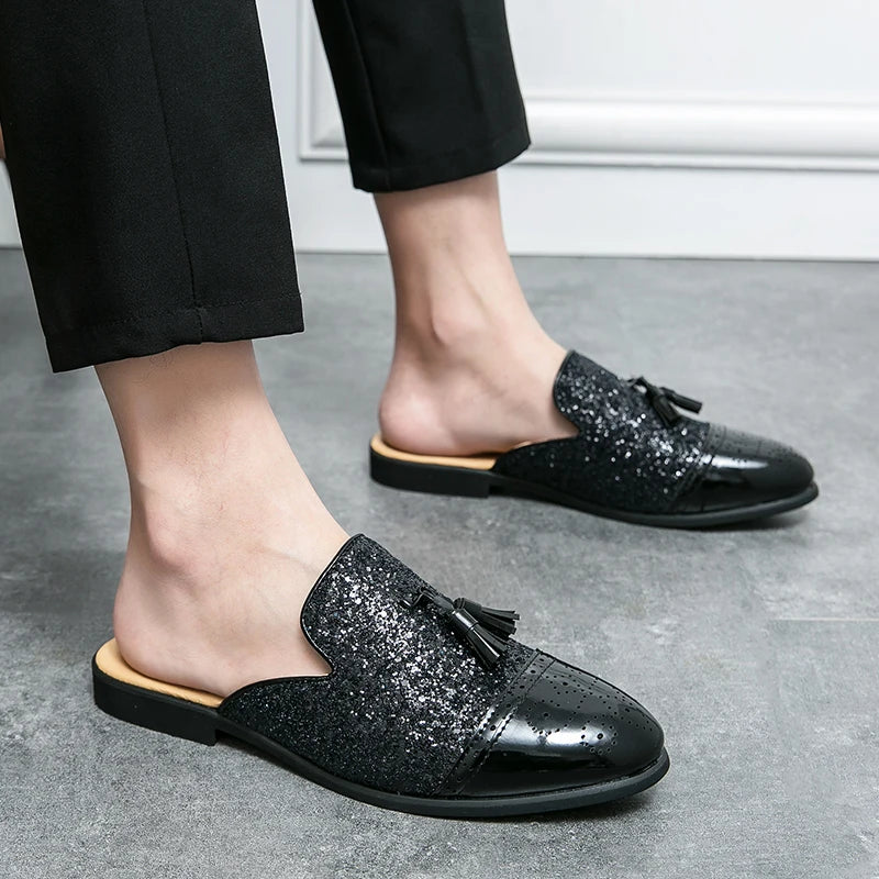 2024 New Luxury Designer Men's Casual Bling Leather Loafers Italian for Men Half Shoes Mules Male Black Slides Business Slippers