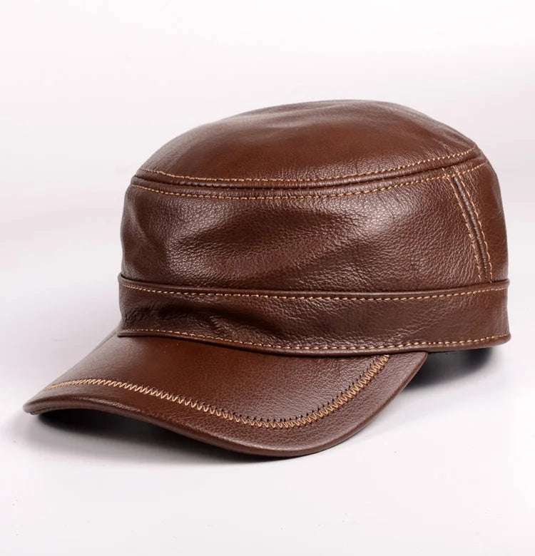 Hat Men Winter Male Genuine Leather Quality Cowhide Casual Thin Flat Top Cap Hombre Black Brown Solid Color Trucker Casquette
