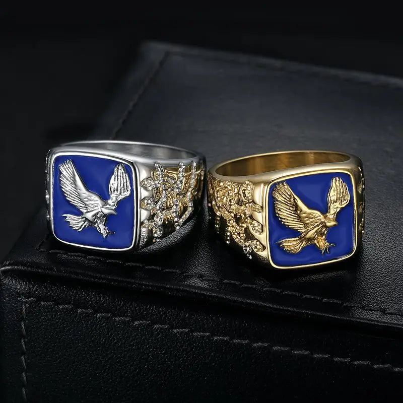 1pc, 316L stainless steel jewelry, eagle ring, anima, blue enamel, street style, party,men's and women's holiday gifts