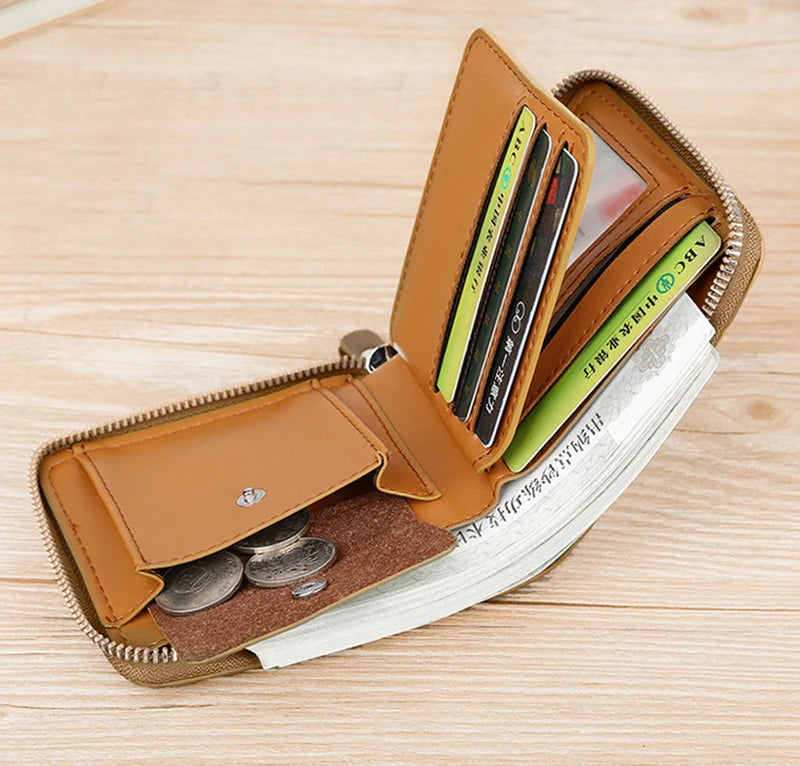 Leather Wallet	for Men Fashion Cardholder Men's	Luxury Designer Purse with Zipper	Card Holder Short Money Bag Man Gift Mens