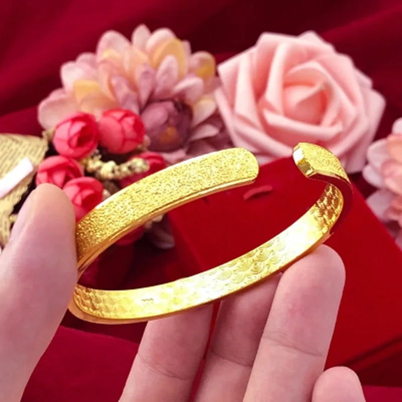 Vintage Matte Open Bangle for Men, 24K Gold, AU999 | Wide with distressed finish, authoritative ancient symbolism.