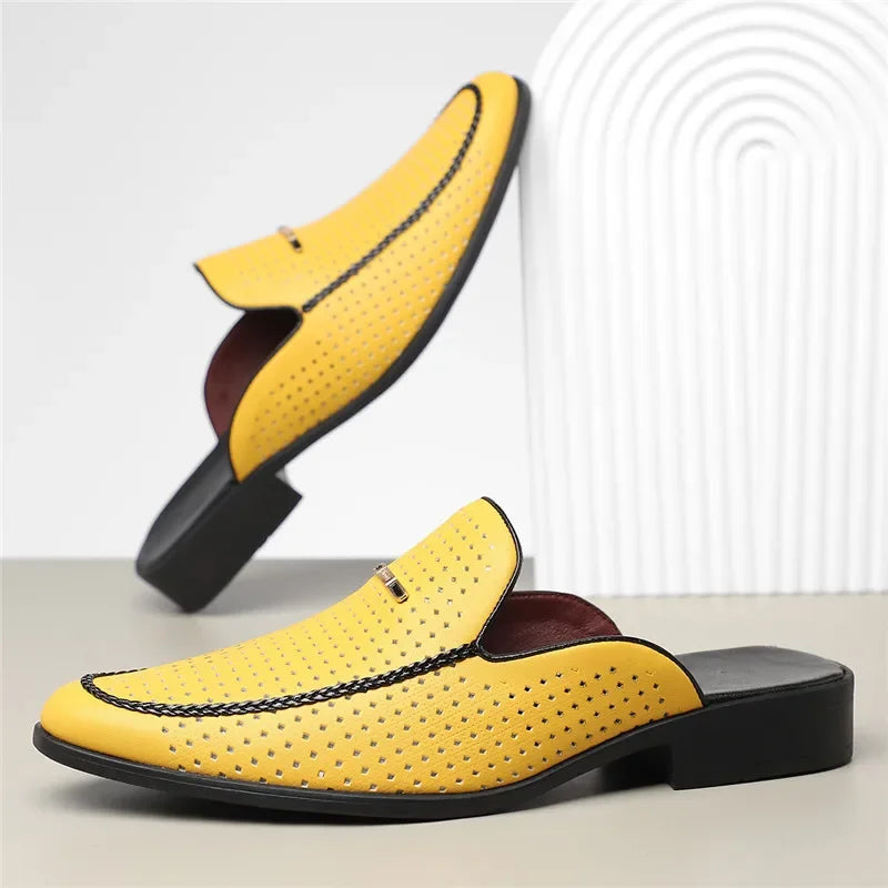 Men's Yellow White Black Half Slippers Driving Shoes 2025 New Casual Patent Leather Mules Loafers Zapatos Hombre