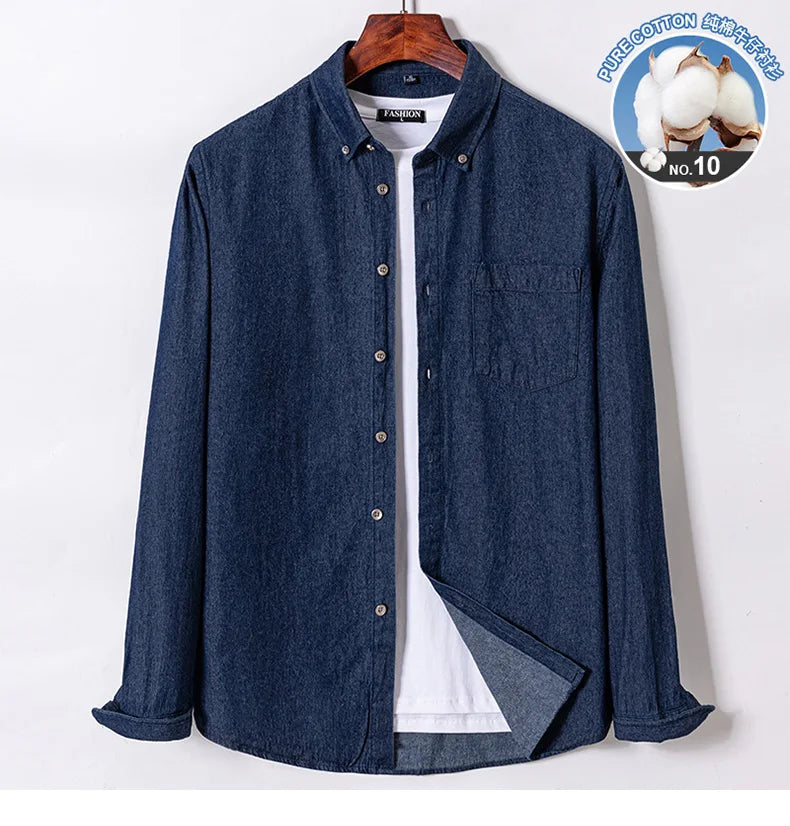 New men's long-sleeved shirt 100% cotton denim spring/summer casual non-ironing high quality breathable plus size solid color
